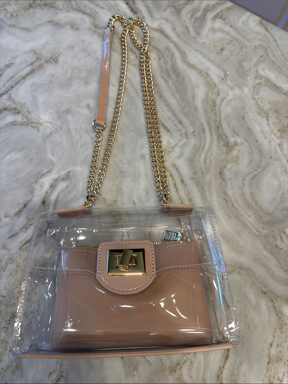 Steve Madden Clear Crossbody Bag with Pink Inner Pouch and Gold Chain